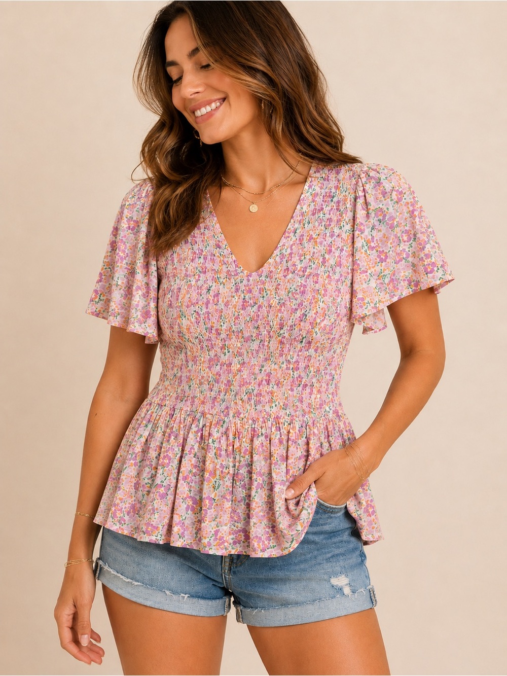 Japna Floral Smocked Peplum Top Large Cottagecore Boho Viscose